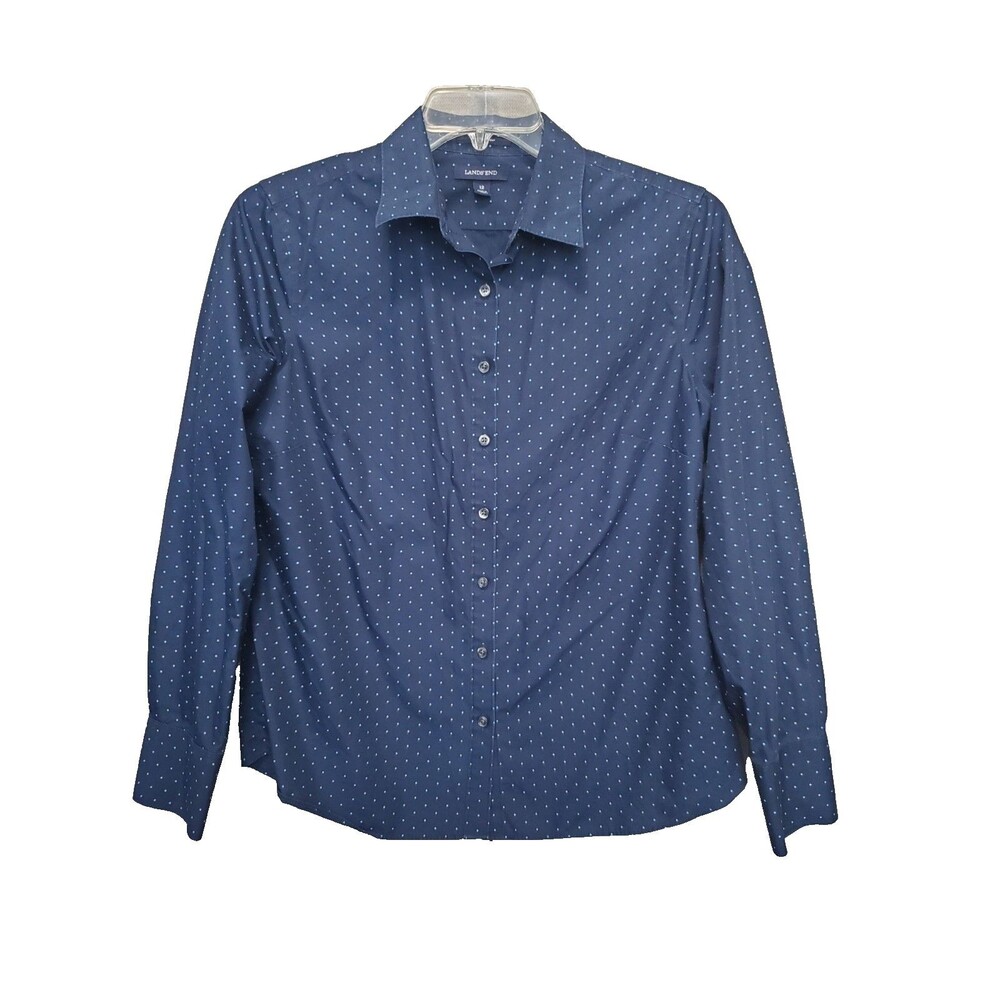 Lands' End No Iron Supima Cotton Blue Polka Dot Button-Up Shirt Size 12